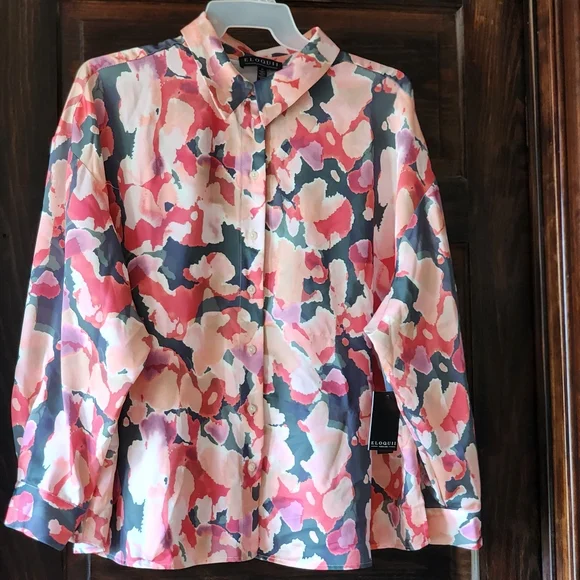 ELOQUII Satin Abstract Print Button Down Orange Grey Plus Size 22 NWT - Picture 1 of 3